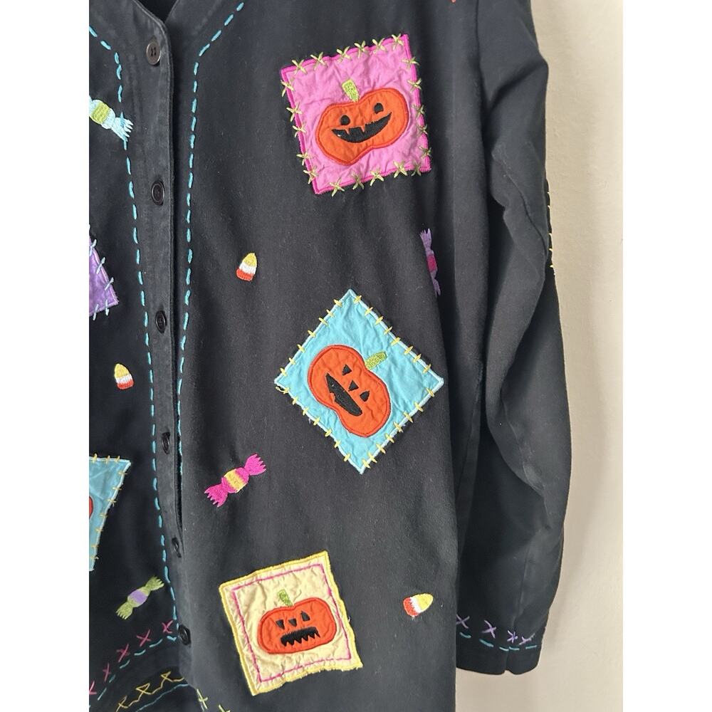 Vintage Michael Simon Lite Halloween Pumpkin Candy Patchwork Cardigan Sweater M - Picture 2 of 8